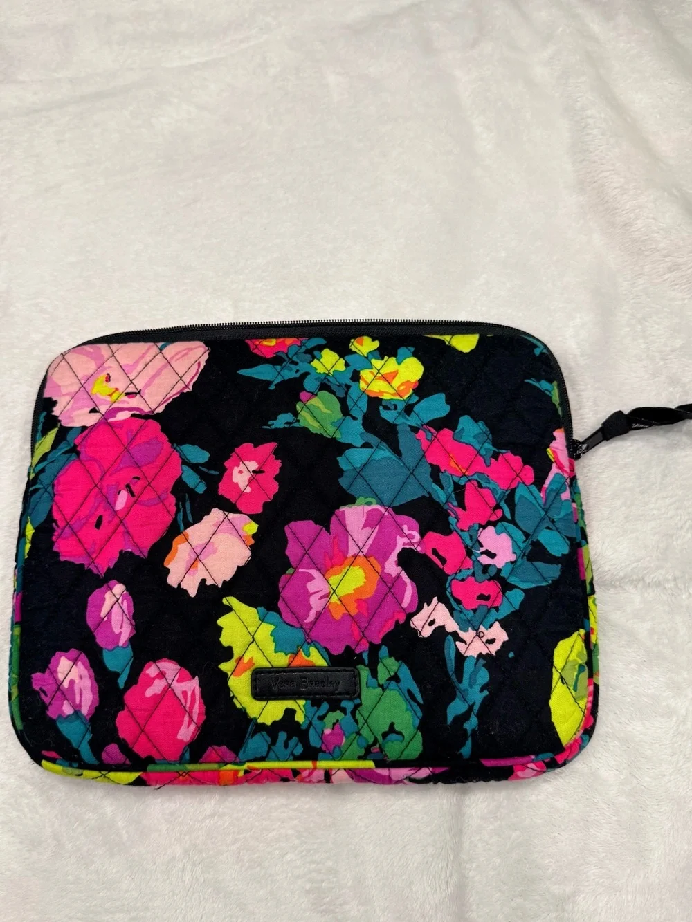 Vera Bradley Black Floral Quilted Tablet Sleeve with Bright Multicolor Flowers